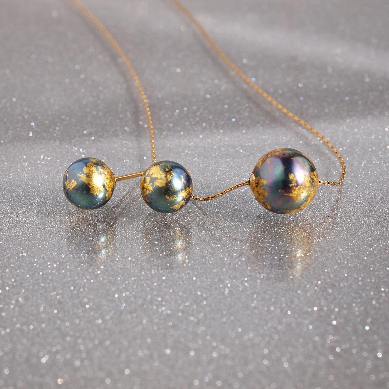 《限定2点》地球×淡水パールネックレス　チョーカー　金箔とピーコックパール　約37cm＋アジャスター　３日以内発送 | 10枚目