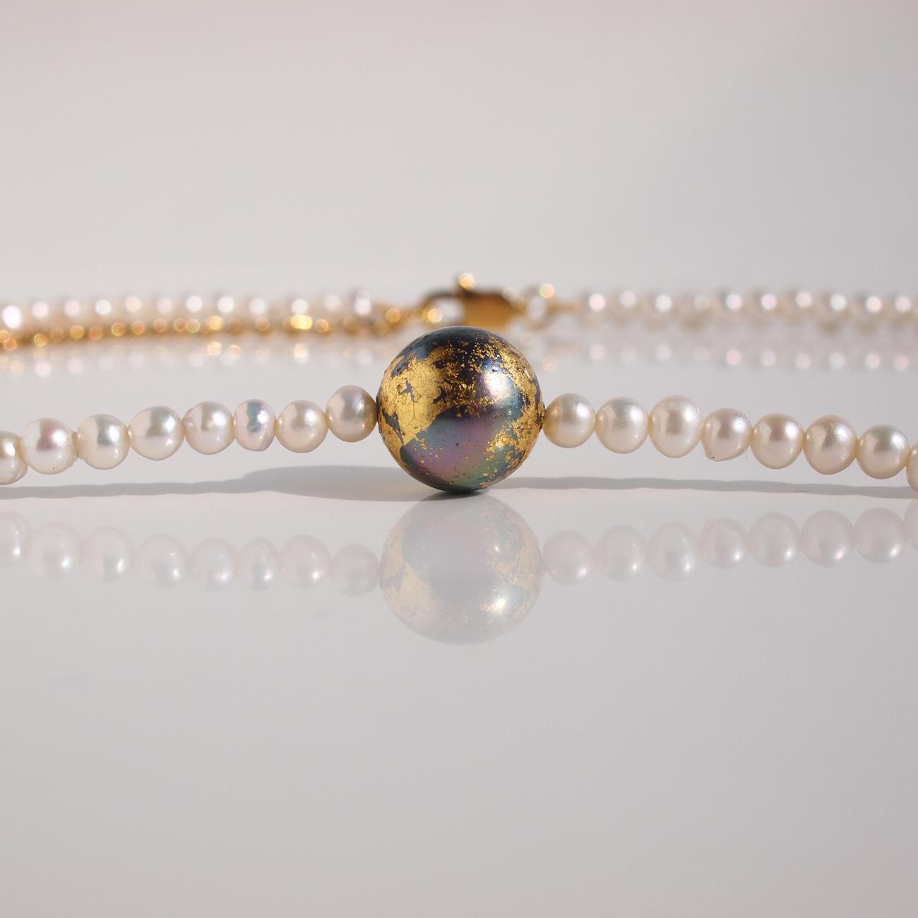 《限定2点》地球×淡水パールネックレス　チョーカー　金箔とピーコックパール　約37cm＋アジャスター　３日以内発送 | 5枚目