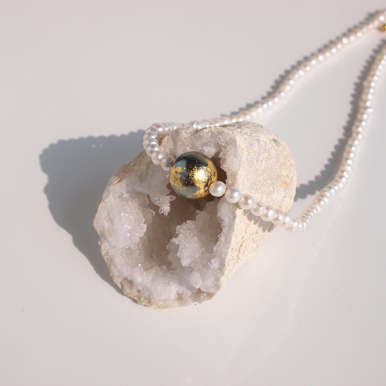 《限定2点》地球×淡水パールネックレス　チョーカー　金箔とピーコックパール　約37cm＋アジャスター　３日以内発送 | 6枚目