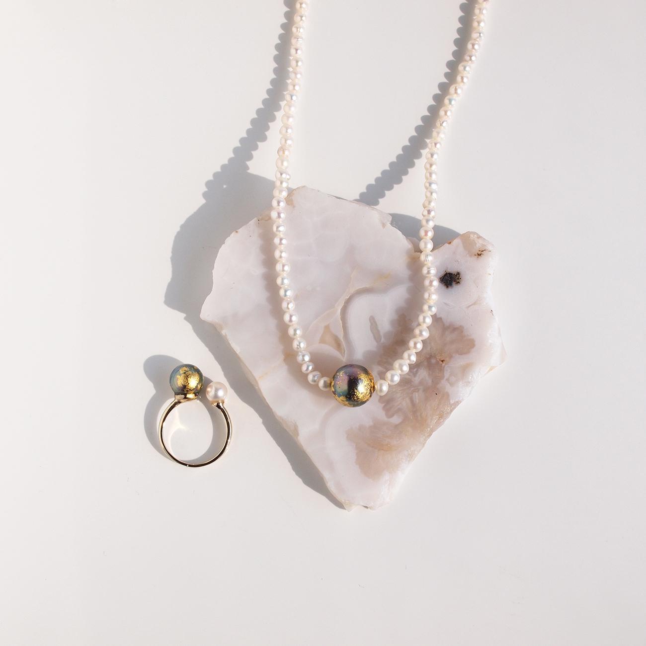 《限定2点》地球×淡水パールネックレス　チョーカー　金箔とピーコックパール　約37cm＋アジャスター　３日以内発送 | 9枚目