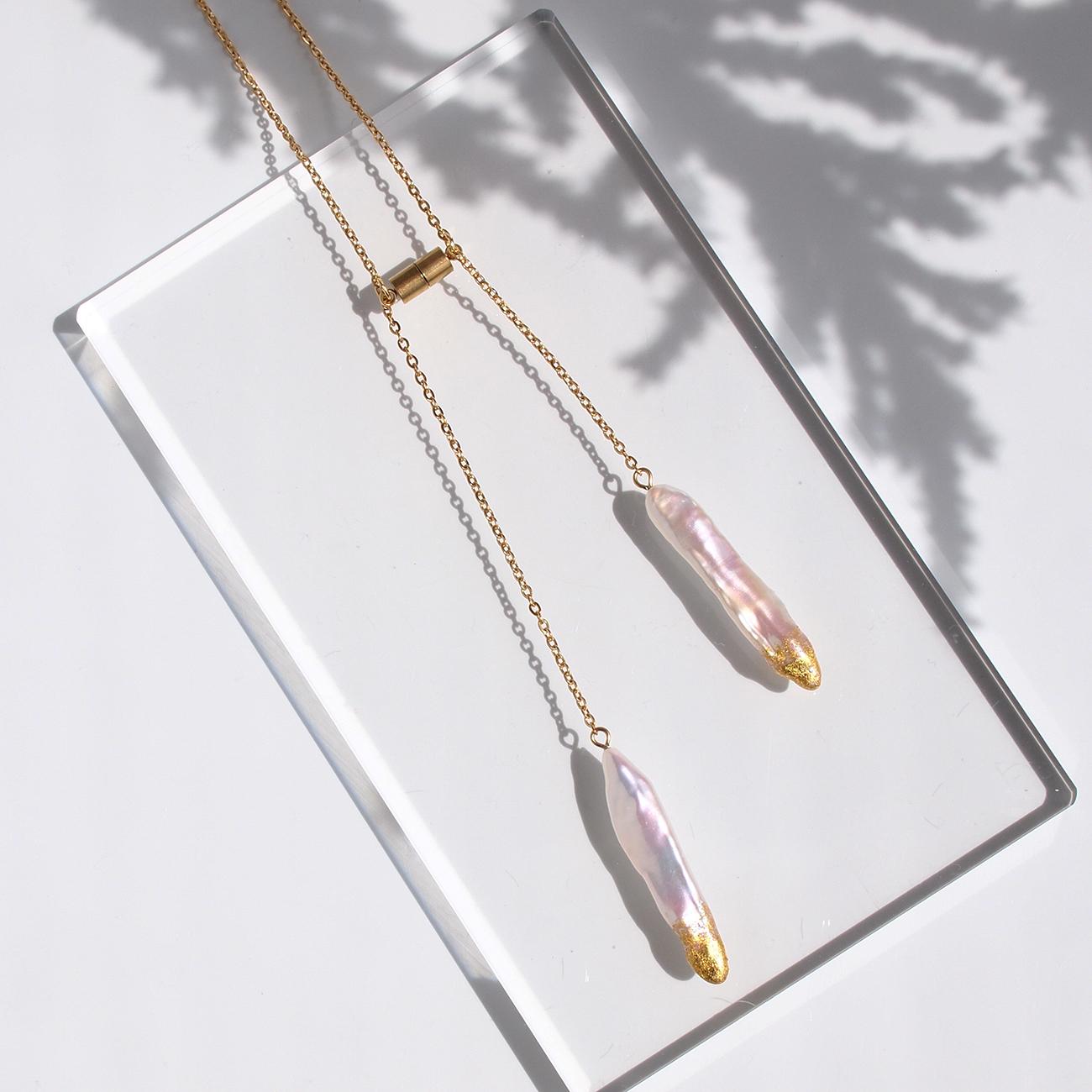【希少・限定数】スティックパール×金箔のロングネックレス　マグネット着脱　パールY字ネックレス　ラリエット　ステンレス