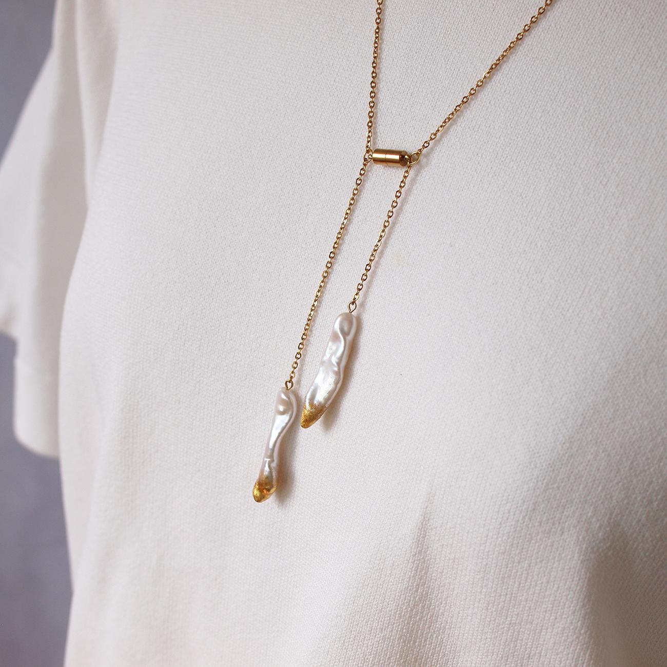 【希少・限定数】スティックパール×金箔のロングネックレス　マグネット着脱　パールY字ネックレス　ラリエット　ステンレス | 10枚目