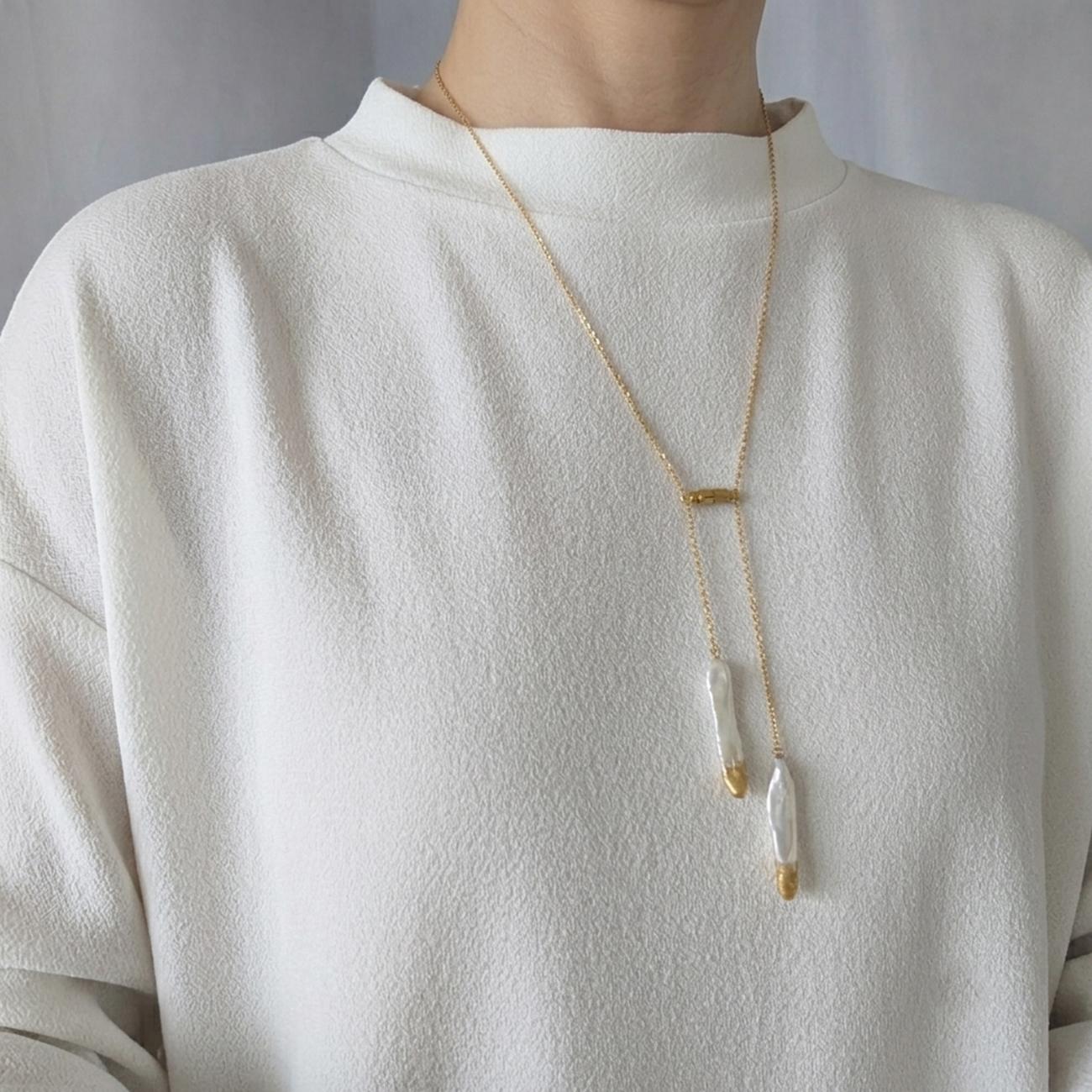 【希少・限定数】スティックパール×金箔のロングネックレス　マグネット着脱　パールY字ネックレス　ラリエット　ステンレス | 2枚目