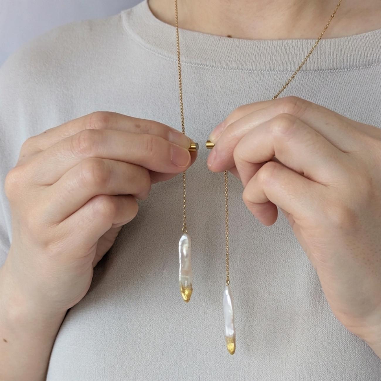 【希少・限定数】スティックパール×金箔のロングネックレス　マグネット着脱　パールY字ネックレス　ラリエット　ステンレス | 8枚目