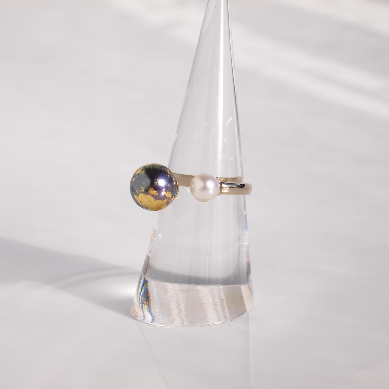 《限定2個》地球と月リング 金箔とピーコックパール×淡水パールのオープンリング フリーサイズ8号~ 3日以内発送 | 5枚目