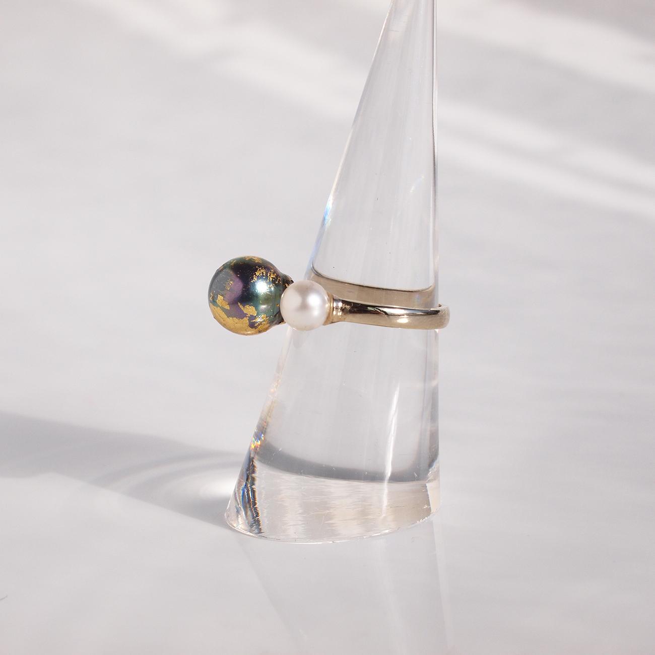 《限定2個》地球と月リング 金箔とピーコックパール×淡水パールのオープンリング フリーサイズ8号~ 3日以内発送 | 6枚目