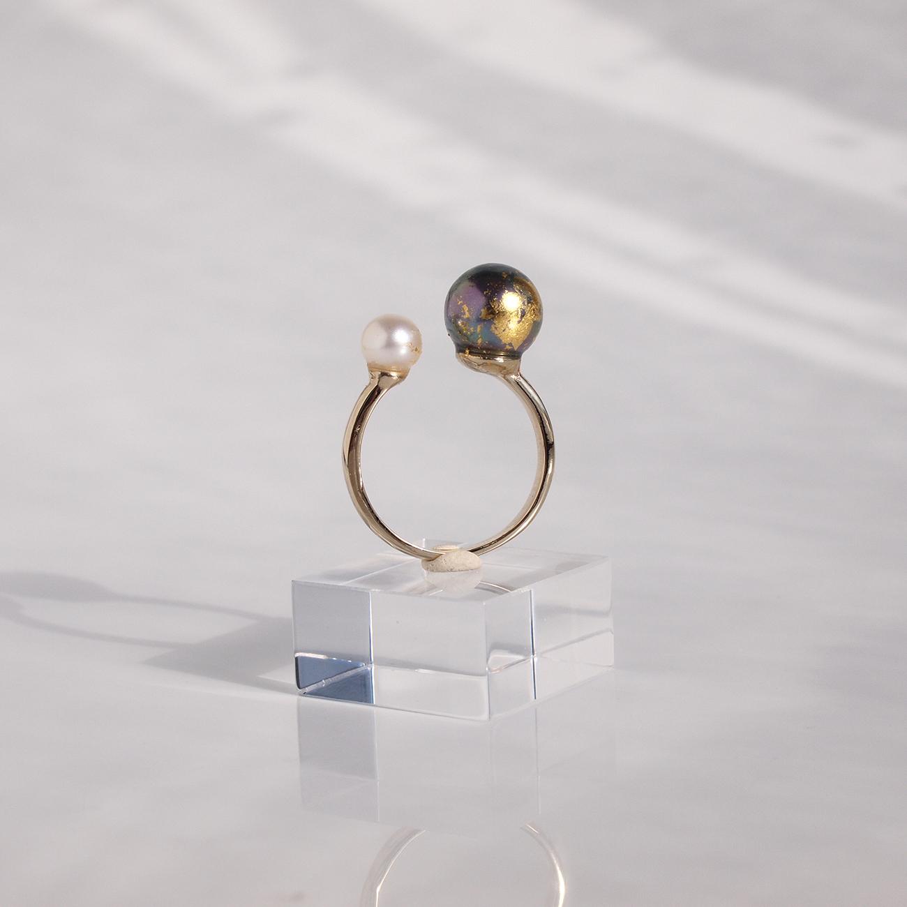 《限定2個》地球と月リング 金箔とピーコックパール×淡水パールのオープンリング フリーサイズ8号~ 3日以内発送 | 7枚目